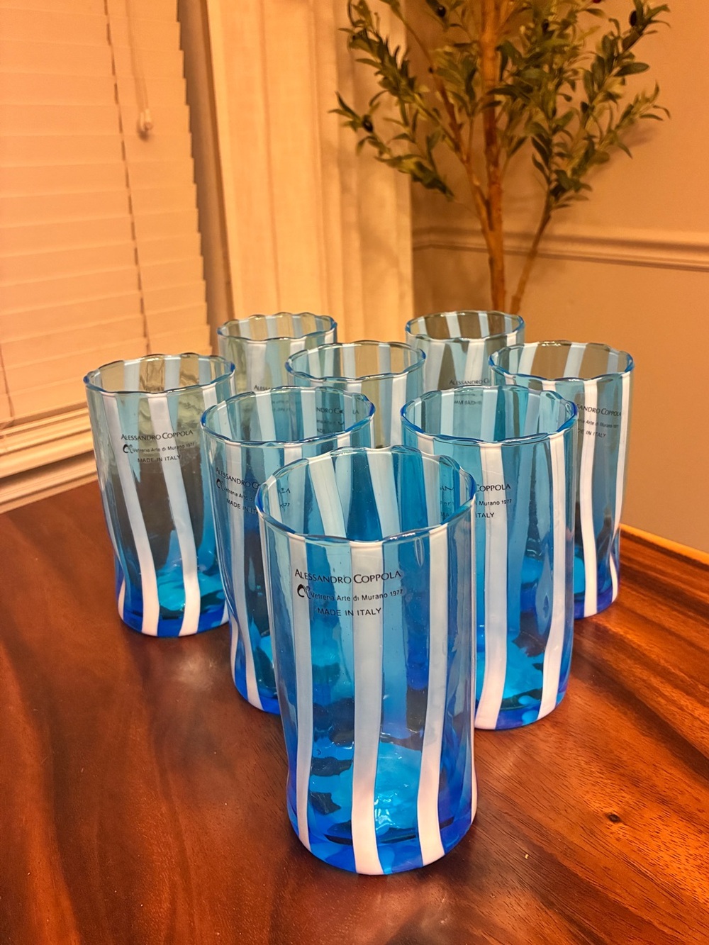Alessandro Coppola Murano Italian Glass Coastal Blue Striped Tumblers Set of 8
